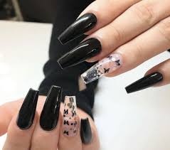 Black Acrylic Nails Coffin With Glitter Nails Nails Art Girl Polish Cute Makeup In 2020 Black Acrylic Nails Long Acrylic Nails Coffin Black Acrylic Nail Designs
