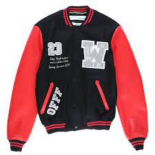 Off White Eagle Logo Leather Sleeve Varsity Jacket Black Red White Off White Cloth