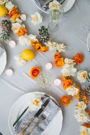 Grey Cotton Napkins Pineapples Lemons Dining Table Decor Ideas Orange White Flowers Table Runner In 2020 Table Decorations Orange Table Simple Table Decorations