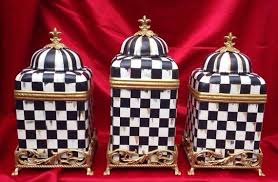 Black And White Canisters Set Whimsical French Country Black And White Canister Set In Gold Baskets White Canister Set White Canisters Canister Sets