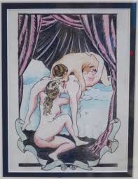 EROTIC TRIPTYCH, ORIGINAL ART, INK, COLORED PENCIL CA. 1930 PLAYFUL  THREESOME | 1914765367