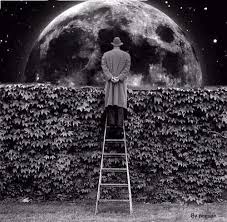 Surreal Art Man On Ladder Looking Over Hedge At Moon Beautiful Moon Ladder To Heaven Moon Art
