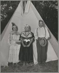 Mrs. Oo Pit (Agnes) Williams, Helen Hayes, Jim Hayes outside tepee