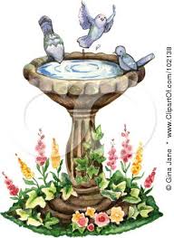 Bird In Bird Bath Drawing Three Blue Birds Playing In A Bird Bath Posters Art Prints Clipartof Com Fence Art Bird Bath Art
