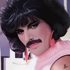 Portrait of Freddie Mercury holding a portrait of Freddie Mercury.