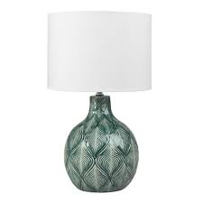 Hanglampen, wandlampen, tafellampen, vloerlampen en lampenkappen, laat je inspireren! Groene Keramieken Lamp Met Lampenkap Van Wit Katoen Hevea Maisons Du Monde