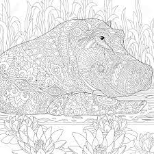 hippopotamus de bande dessinee stylisee hippopotame natation parmi les fleurs lotus et algues des etangs esquisser pour adultes page du livre coloriage antistress avec griffonnage elements design coloriages berlin