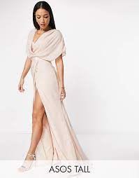 Asos Design Tall Bridesmaid Short Sleeved Cowl Front Maxi Dress With Button Back Detail Asos