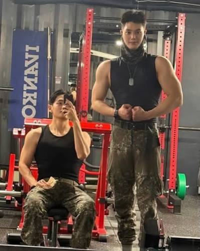 BTS member #V and actor #SongKang share a long-standing friendship — one  that continued even through their military service, where they were spotted  hitting the gym and flexing together. The duo has