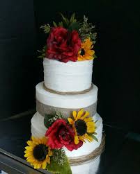 Birch Tree Wedding Cake With Sunflowers Sunflowers And Red Roses Rustic Wedding Cake Red Rose Wedding Cake Sunflower Wedding Cake Wedding Cake Red
