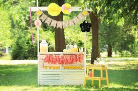 Start by finding a large cardboard box and use a box cutter to remove the front and back sides, then put the kids to work painting the exterior white. Lemonade Party Decor Lemonade Banner Lemonade Stand Etsy