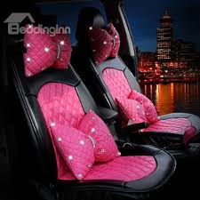Pink Bow Style With Diamond Series And Real Pu Leather Material Universal Car Seat Cover Pink Car Accessories Pink Car Seat Leather Car Seats