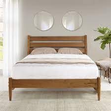 Platform bed frame with headboard, steel rod mattress support system. Mid Century Platform Bed Queen Size Castanho Finish