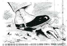A depiction from the News and Observer of a boot labeled "negro rule" crushing a figure labeled "white man." 