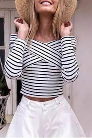 Black And White Striped Off The Shoulder Long Sleeve Top Black And White Stripe Long Sleeve Off Shoulder Top With Cross Over Front Fashion Long Sleeve Tops Off Shoulder Tops