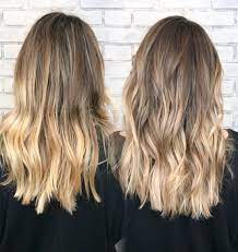 Beige Balayage On Mid Length Hair With Beach Waves Before And After Toner Hair Color Flamboyage Mid Length Hair Long To Short Hair