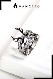 Crown Shaped Black Deer Antler Ring Set With Heart Stone Studded Antler Wedding Ring Sets Antler Rings Women Couple Ring Design