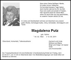 Maybe you would like to learn more about one of these? Magdalena Putz Traueranzeige Trauer Infranken De