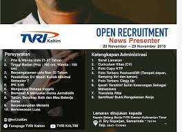 Jika anda berniat melamar pekerjaan di hotel dengan posisi tersebut, maka anda bisa menulis surat lamaran kerja di hotel seperti contoh di bawah ini. Open Recruitment News Presenter Tvri Fanspage Tvri Kaltim Facebook