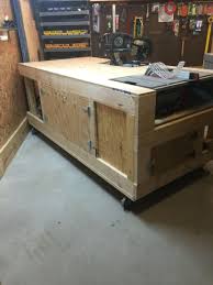 Saw Table Workbench On Rollers Created Storage Cabinet On Side For All Power Tools Workbench Diy Workshop Diy Workbench