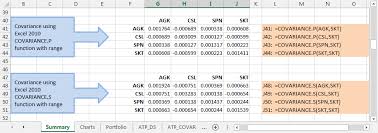 Hi,i have a question is that how to calculate the covariance sample using excel,when i click the statistical function in the excel and choose covariance sample function,i put in two arrays of numbers,while it turns out to be #value! Portfolio Analysis Excel