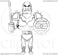 Top quality coloring sheets for free. Clipart Of A Black And White Lineart Buff Male Orc Holding A Sword And Shield Royalty Free Vector Illustration By Cory Thoman 1389272