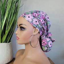 Small Gray/pink Floral Scrub Hat, Protect Hair W/satin Lined Ponytail Scrub  Cap. Button/size Option See Description, Nurse/surgical/dr. Cap