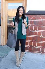 Maybe you would like to learn more about one of these? Green Cowl Neck Fur Vest Black Leggings And Taupe Boots Outfit 1 Putting Me Together