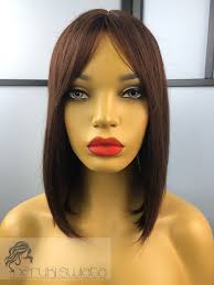 Peruka z włosów naturalnych, model Ariane, long bob z grzywką, kolor:  kasztanowy brąz Peruki Świata