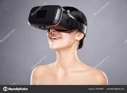 Pretty Young Girl Naked Shoulders Wearing Virtual Reality Glasses Gray  Stock Photo by ©VelesStudio 208739506