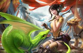 Wallpaper girl, emotions, the game, laughter, fish, dragons, headphones, art,  wand, treat, sakimichan images for desktop, section фантастика - download