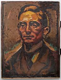 Ölbild auf Print Porträt Mann mit Brille 1920er Jahre Signatur unleserlich 