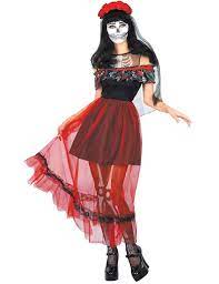 Diese dia de los muertos perücke für damen besteht aus dunkelbraunem kunsthaar und künstlichen blüten.die haare sind als geflochtener zopf oben um den hinterkopf gewickelt. Tag Der Toten Kleid Halloween Kostum Fur Damen Rot Schwarz Gunstige Faschings Kostume Bei Karneval Megastore