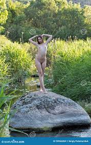 Beautiful Young Girl Naked Standing on Big River Stone Stock Photo - Image  of forest, cliff: 95904850