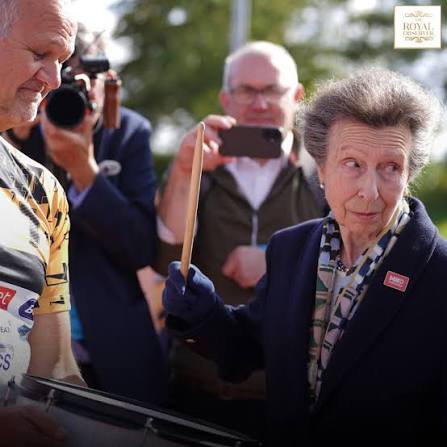 Princess Anne banged a drum to start the next stage of Sir Kevin Sinfield's  7 in 7 challenge at the University of York today. (Photos by Getty)