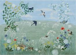 Custom Sizing 55 X 35 Summer Land Wallpaper Wild Flower Blue Sky Green Grass Wall Decal Art Swallow Bird Rabbit Landscap Mural Art Decal Wall Art Wallpaper