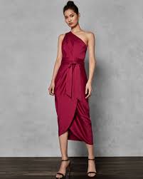Ted Baker Gabie One Shoulder Drape Midi Dress Red Dark Pink Myonewedding Co Uk Draped Midi Dresses Red Bridesmaid Dresses Dresses