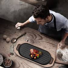Cast Iron Steak Grill Pan Pre Seasoned Serving Plate With Dual Handles Asian Style Cast Iron How To Grill Steak Serving Platters Wooden Serving Boards