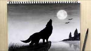 How to draw a wolf h. Howling Wolf Drawing Black And White How To Draw Wolf Howling At The Moon Drawing Night Scenery Youtube