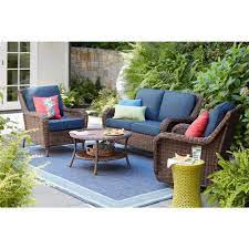 Hampton Bay Cambridge Brown Wicker Outdoor Loveseat With Blue Cushions 65 17148b3 The Home Depot Porch Furniture Outdoor Lounge Furniture Patio Loveseat