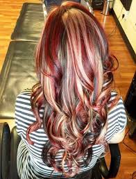 Dark Brown Hair With Chunky Red And Blonde Highlights Red Highlights In Brown Hair Red Blonde Hair Brown Blonde Hair