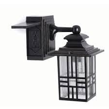 The shape of the clear, blown glass shades; Hampton Bay Mission Style 60w 1 Light Black And Bronze Outdoor Wall Lantern With Built In The Home Depot Canada