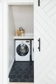 Small Laundry Room Design Small Spaces Small Interiors Laundry Room Black Hexagon Floor Tile And White Laundry Rooms Laundry Room Flooring Vintage Laundry Room