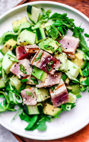 Our friends at wine selectors suggest pairing this dish with a gewurztraminer. Grilled Tuna Steak Salad With Wasabi Vinaigrette Yellowfin Tuna Recipe Killing Thyme