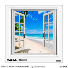 Tropical Beach View Mural Fake Window Wall Sticker Zazzle Com In 2020 Window Poster Fake Window Beach View
