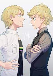 hm89509321, adrien agreste, felix (miraculous ladybug), miraculous ladybug,  commentary request, highres, 2boys, black necktie, black shirt, black vest,  blonde hair, collared jacket, collared shirt, cosplay, costume switch,  crossed arms, from side, gradient