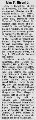 John Biebel, Jr. Obituary from the Feb. 16, 1976 edition of the Green Bay  Press-Gazette