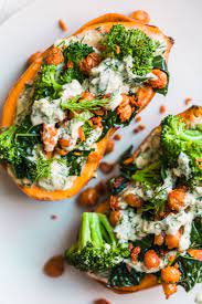 Silky Sweet Potatoes With Cucumber Tahini Ranch Green Veg And Chickpeas Golubka Kitchen Recipe Whole Food Recipes Recipes Sweet Potato Recipes