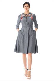 Floral Embellished Ruffle Split Neck Cotton Chambray Dress In 2020 Dresses Chambray Dress Women Dress Online