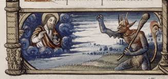 God And Satan Discussing Job 16th Cent Manuscript France Book Of Hours Painting Medieval Manuscript